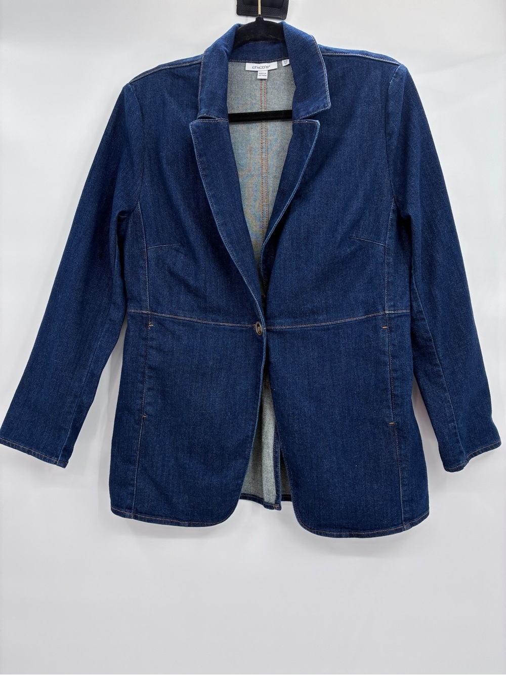 Chico's Blue Denim Single Button Jean Jacket Pockets Stretch Size 0.5 6